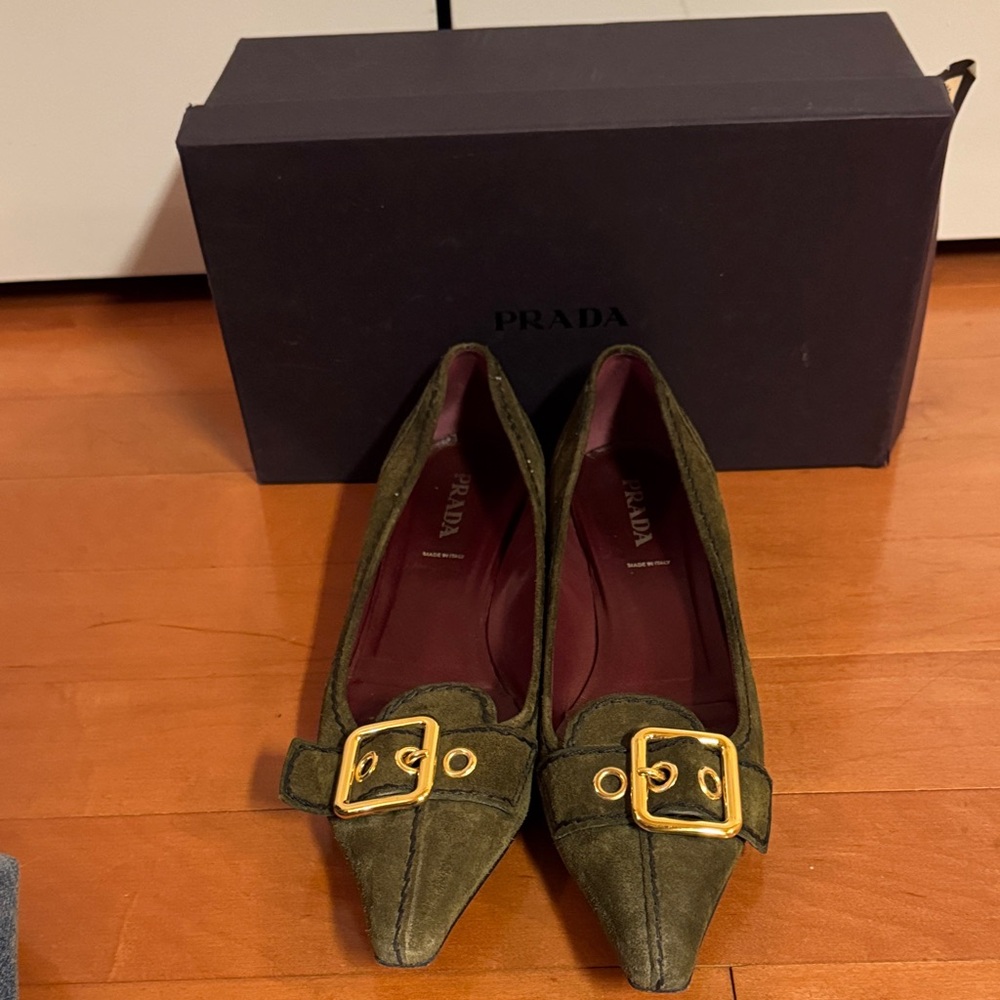 Prada Olive Green Suede Pointed-Toe Flats with Gold Buckle